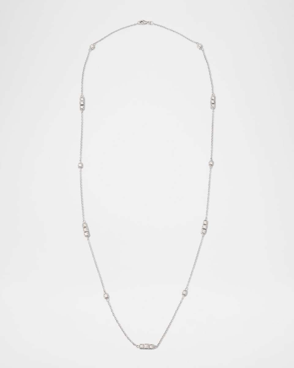 Faro Long Necklace in 18K White Gold with Cube Elements and White Diamonds, 70cm